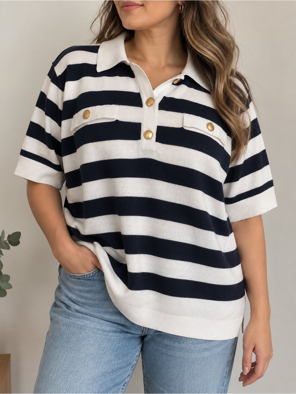 Michael Kors 2X Navy White Striped Knit Polo Top Gold Buttons